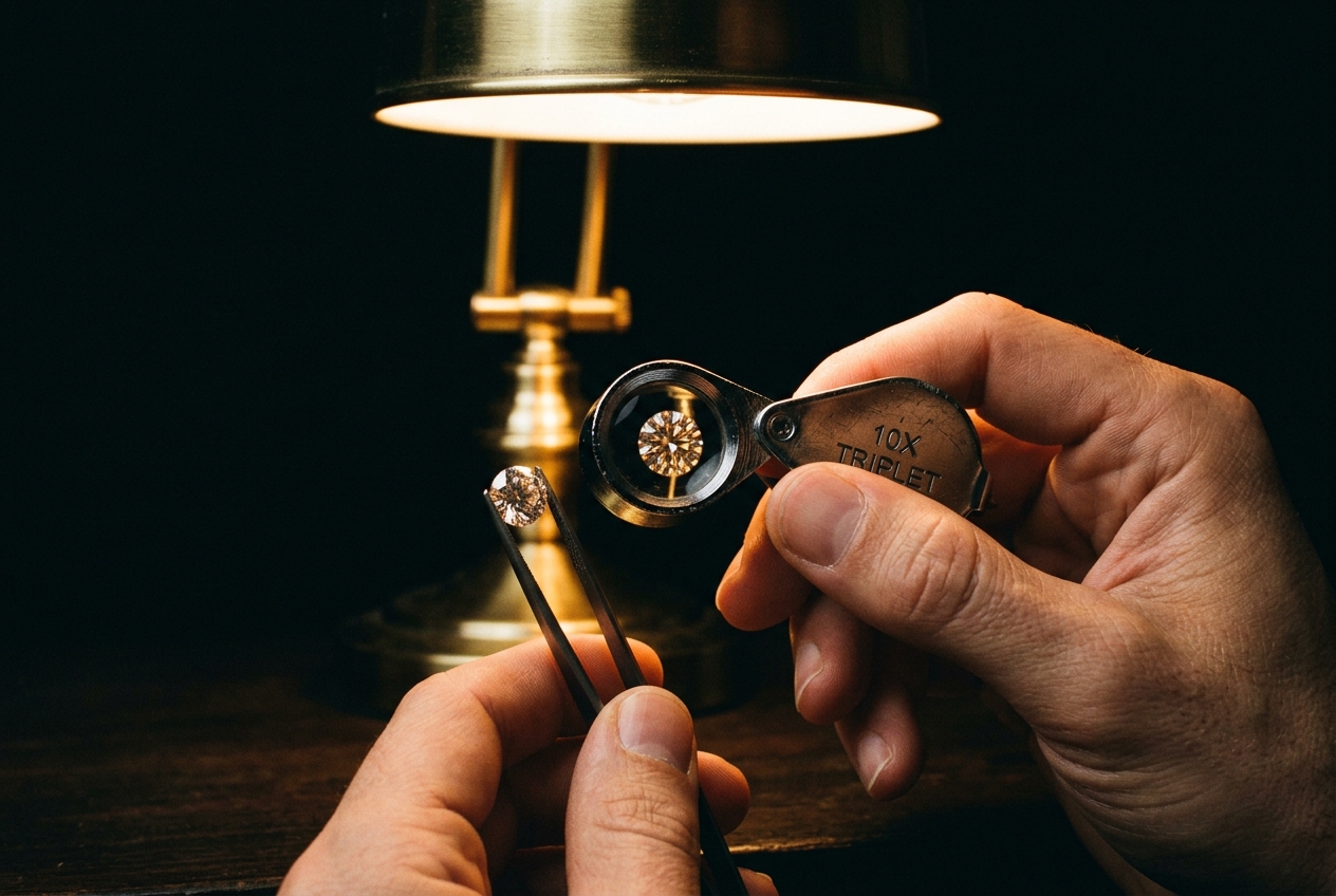 Grading a VVS clarity lab grown diamond under a 10x jeweller's loupe