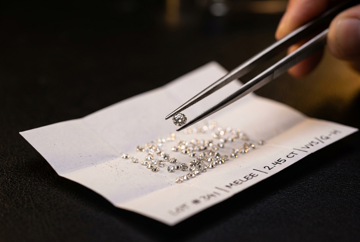 Wholesale lab grown melee diamond parcel, +4 to -6.5 sieve, with tweezers