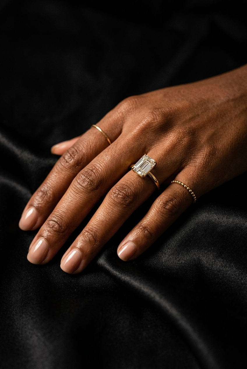Emerald cut lab grown diamond engagement ring in 18k yellow gold