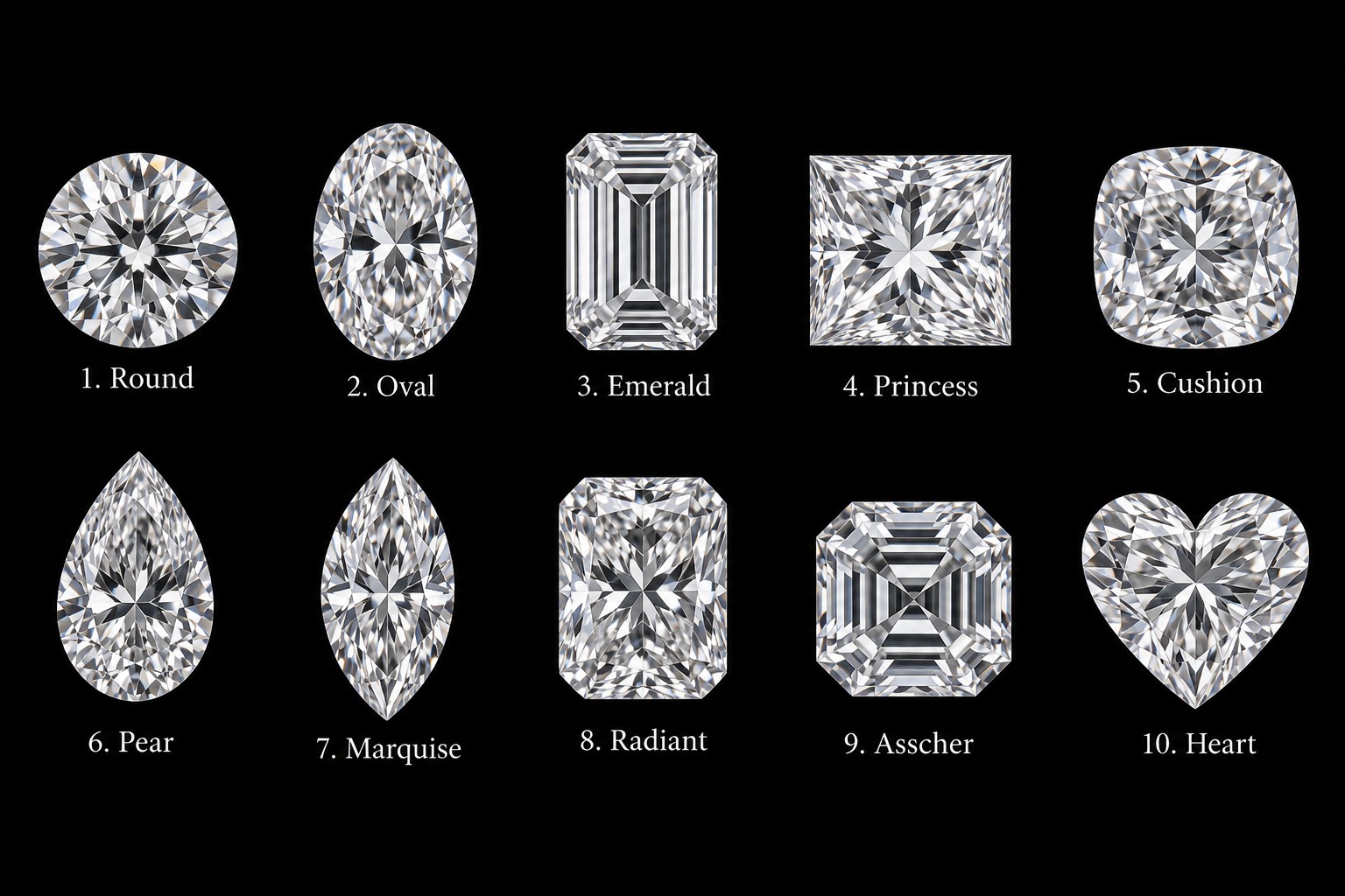 Lab grown diamond shapes chart: Round brilliant, Oval, Emerald cut, Princess cut, Cushion, Pear, Marquise, Radiant, Asscher and Heart shape diamonds